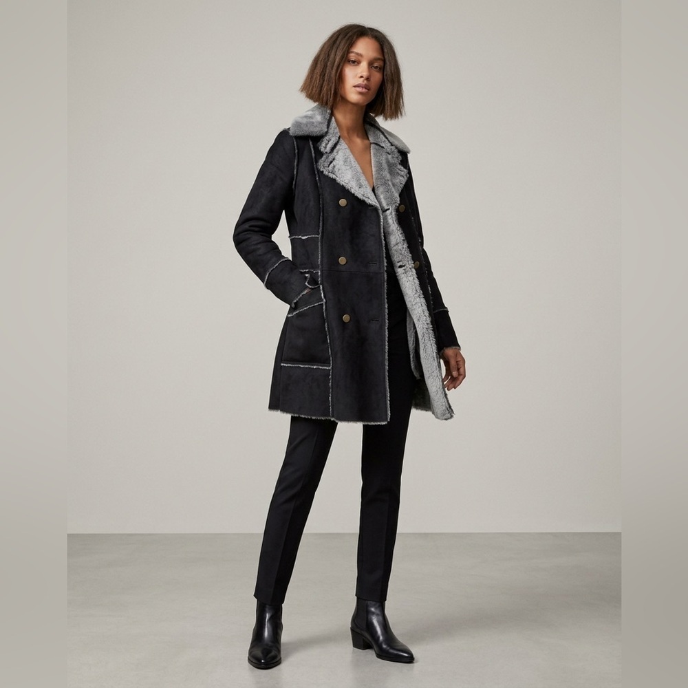 Trend b.p.c. Black Faux Fur Shearling Lined Coat Jacket L Gray Trim Long Winter